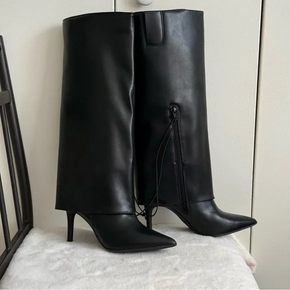 Worthington Sleek Black Leather Heeled Boots - Picture 2 of 14